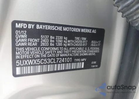 2012 BMW X3 xDrive28I z USA, uszkodzony, nr VIN 5UXWX5C53CL724101